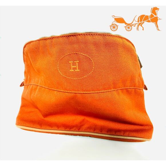 HERMES Bolide Canvas Pochette Cosmetics Purse Pouch H Logo Orange Authentic - Picture 1 of 4